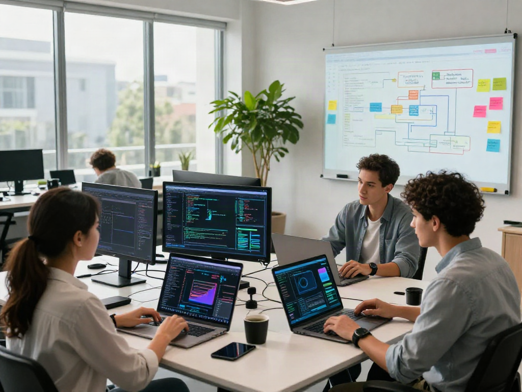 Collaboration in a sleek tech workspace involving juicy ai development and innovation.