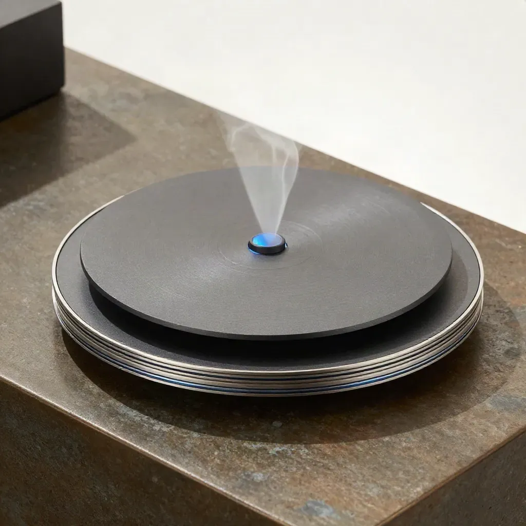 Nested billing discs and a card stack on bronze stone, lit from upper left with blue accent.