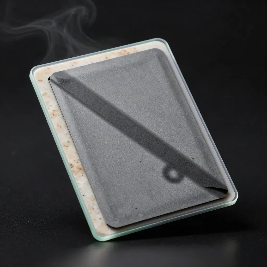 Graphite shield module with mint edge strip and parcel corner on a dark matte surface.