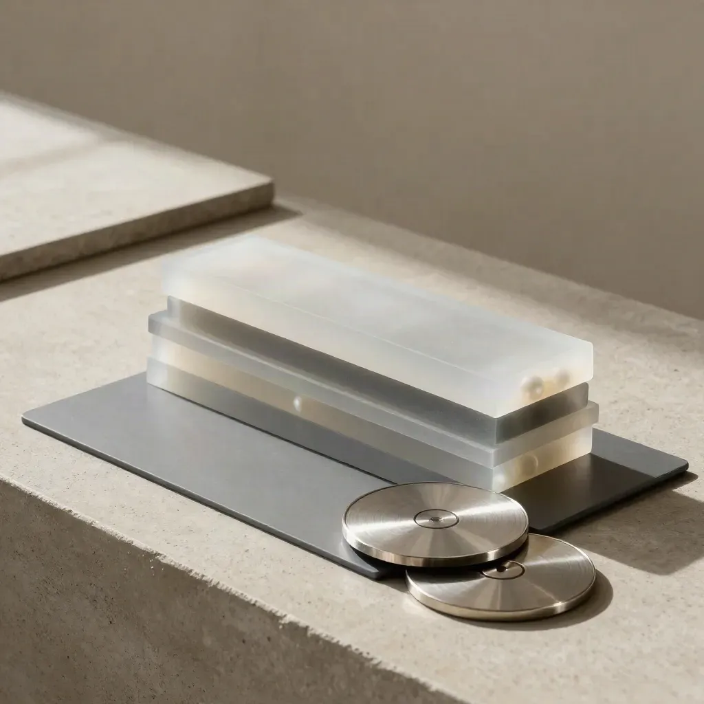 Translucent analytics bars, blank dashboard slab, and metal discs on pale concrete.