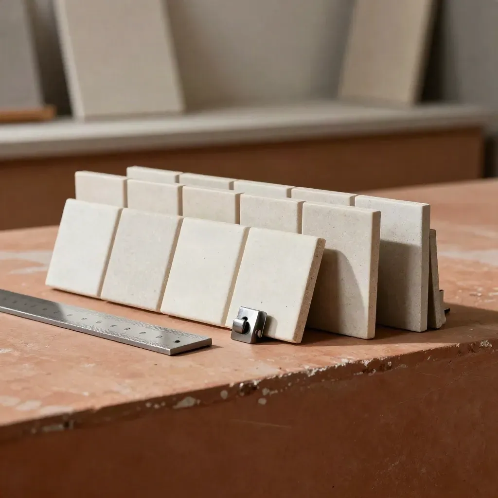 Pale modular tiles, rule block, and divider rail on terracotta plaster, softly lit.