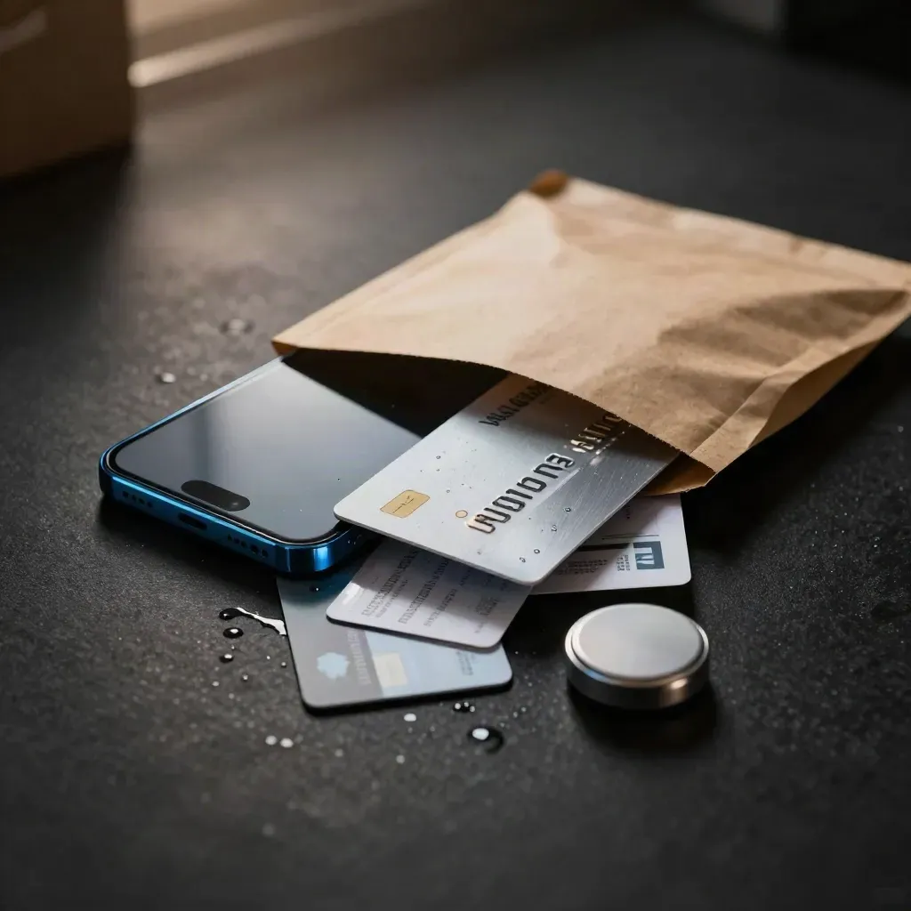 Recovery bundle with phone, card, and mailers bursting forward in blue-lit studio haze.