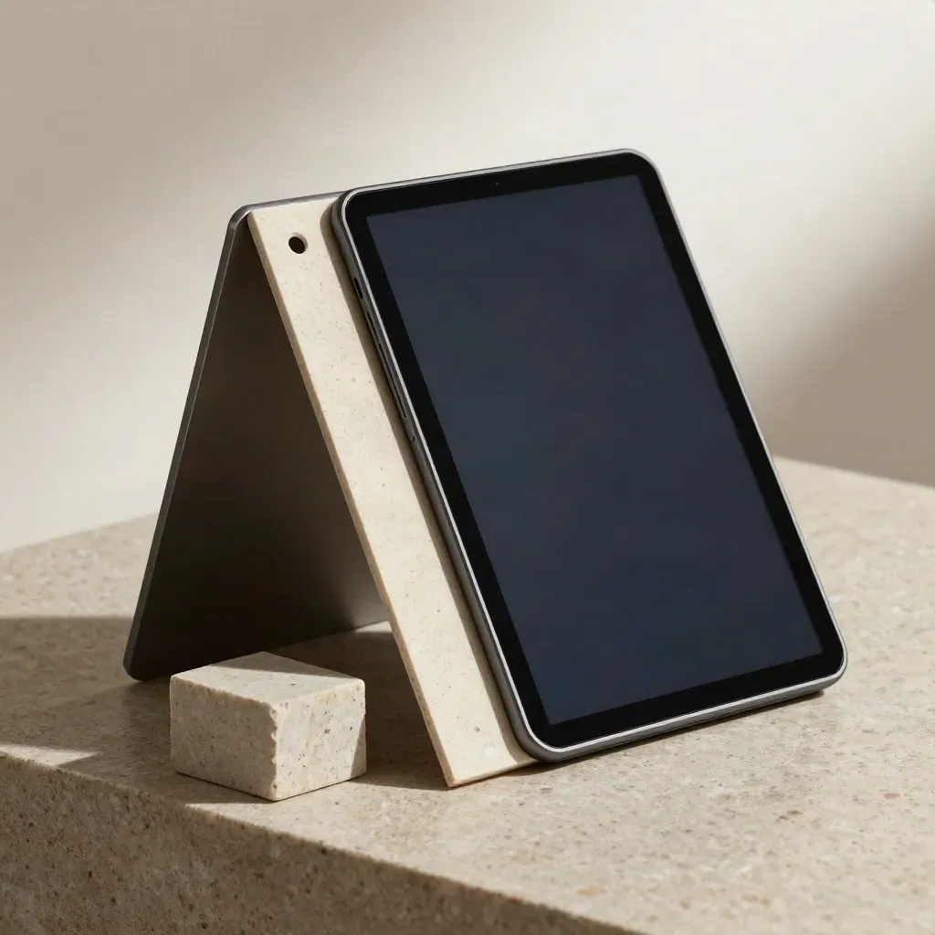 Macro of a slim checkout panel beside a blank voucher slab and stone block on travertine.