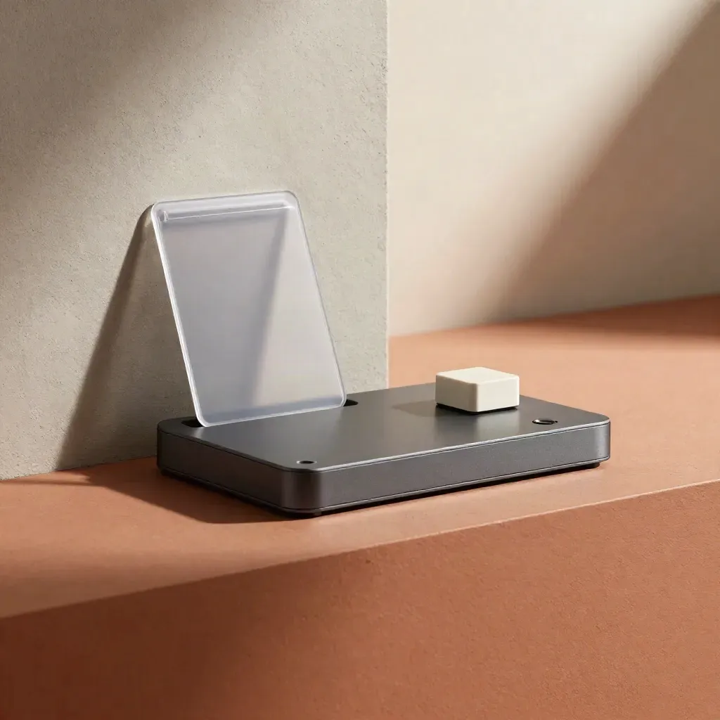 Graphite security module, sealed card sleeve and indicator block on a terracotta plinth.