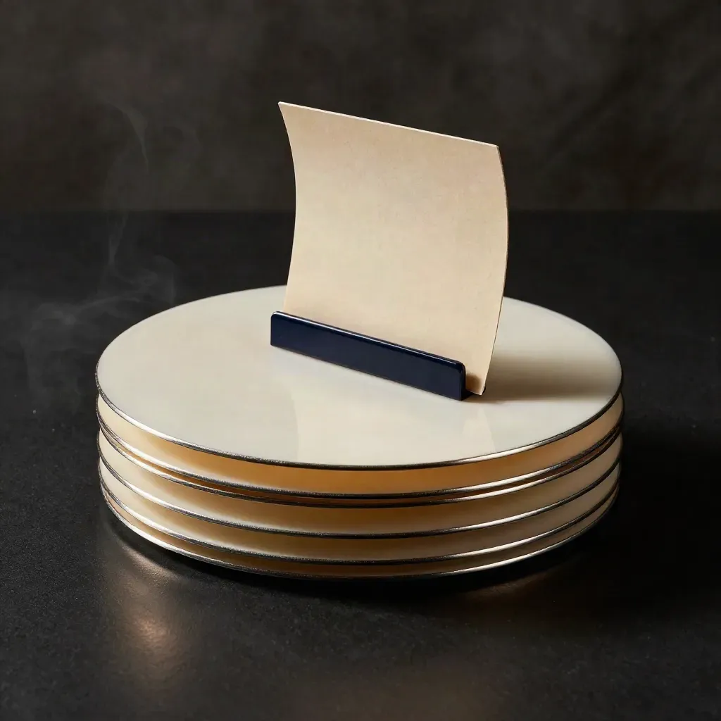 Stacked matte discs with a navy bracket and receipt sleeve on a dark studio surface.