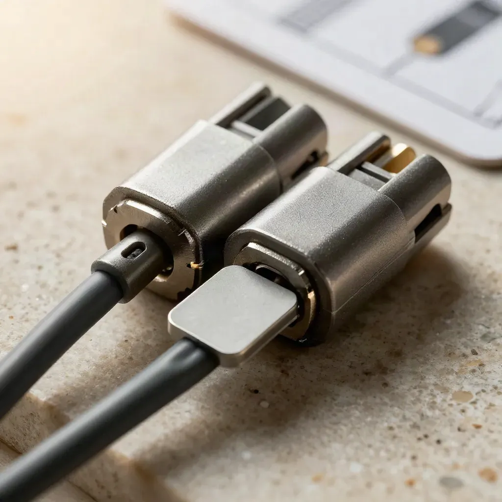 Extreme macro of connector blocks, cable loop and approval chip joining on warm limestone.