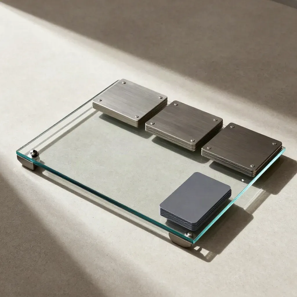 Overhead flatlay of glass checkout modules and cards on pale concrete, lit by soft upper-left light