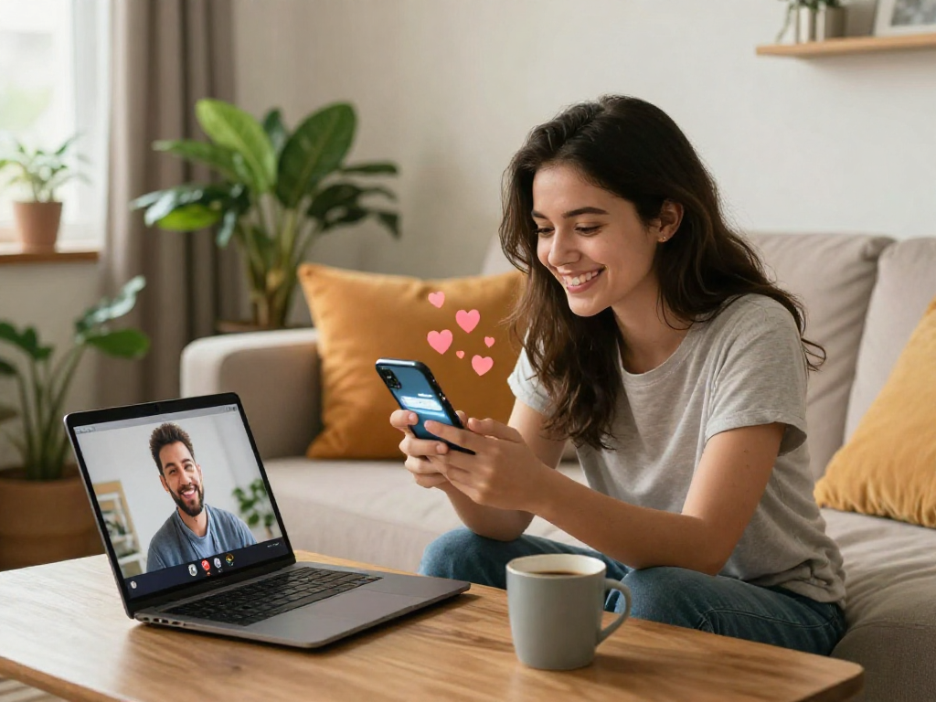 Engaging 18+ AI online dating scene with diverse individuals connecting through technology in a cozy setting.